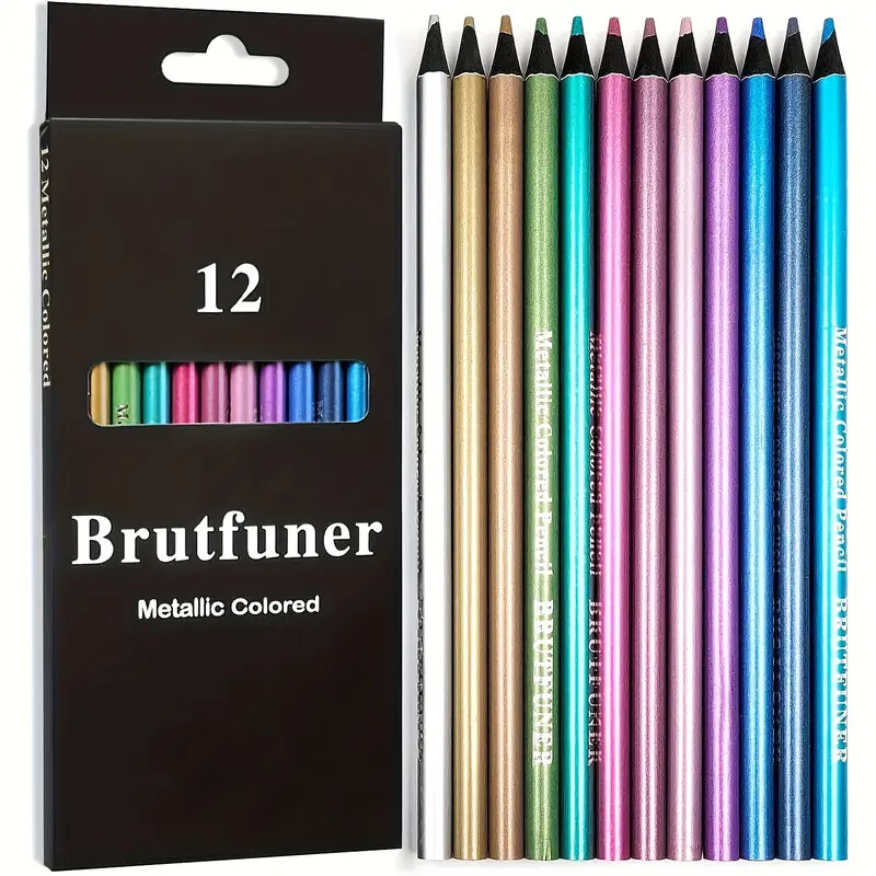 12 komada metalnih olovaka u boji. Crno drvo Olovka za crtanje u 12 boja Obiteljska slika. Bojanje, skiciranje, DIY umjetnički pribor