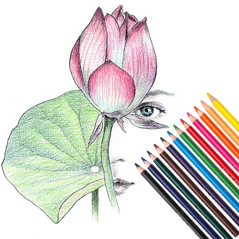 Set trokutastih olovaka u boji od 12 komada s debelim cilindrom (jezgra od 5 mm) i šiljilom za profesionalno crtanje, skiciranje pastelne umjetnosti