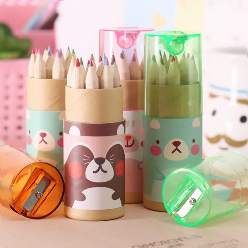 12 бр./кутия Сладък мини цветен молив с острилка Kawaii Канцеларски материали Paint Draw Pencil за деца Детски цветни моливи