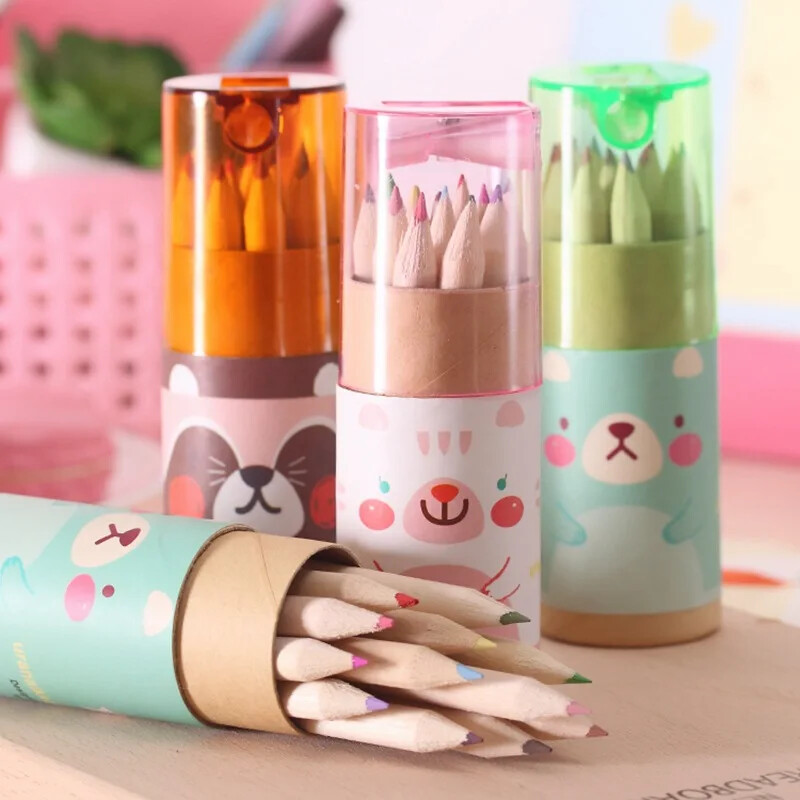 12 бр./кутия Сладък мини цветен молив с острилка Kawaii Канцеларски материали Paint Draw Pencil за деца Детски цветни моливи