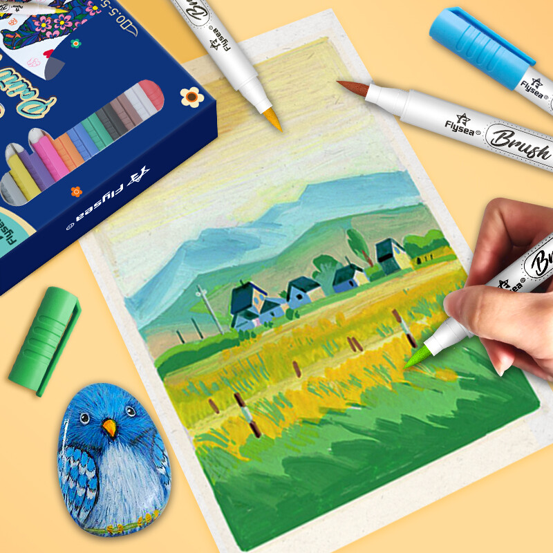 Set de pixuri de marcare cu vopsea acrilică cu vârf de pensulă pentru pânză, lemn, pietre, sticlă, pictură din țesături, proiecte de artă și meșteșuguri de bricolaj