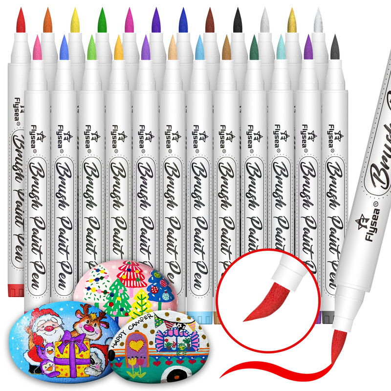Set de pixuri de marcare cu vopsea acrilică cu vârf de pensulă pentru pânză, lemn, pietre, sticlă, pictură din țesături, proiecte de artă și meșteșuguri de bricolaj