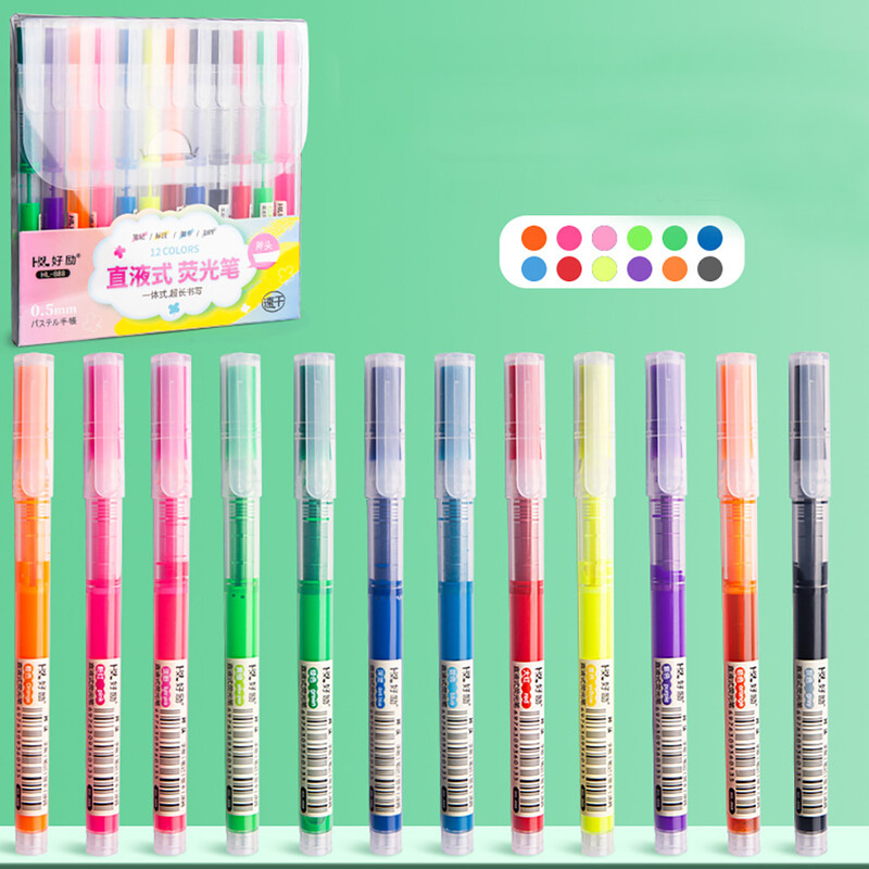 12 komada Raznobojna gel olovka Ravni tekući marker za crtanje Crtanje Art markeri Ravni tekući roler Fluorescentna olovka
