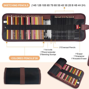 29/36/52Pcs Drawing Kit Sketching Pencils Set,Portable Pen Curtain-Charcoal Pencils,Sketch Pencils,Gaser, Pencils Colored Set