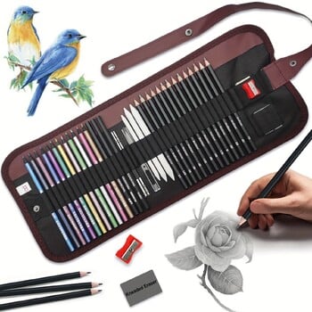 29/36/52Pcs Drawing Kit Sketching Pencils Set,Portable Pen Curtain-Charcoal Pencils,Sketch Pencils,Gaser, Pencils Colored Set