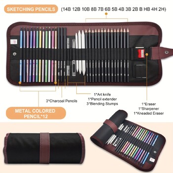 29/36/52Pcs Drawing Kit Sketching Pencils Set,Portable Pen Curtain-Charcoal Pencils,Sketch Pencils,Gaser, Pencils Colored Set