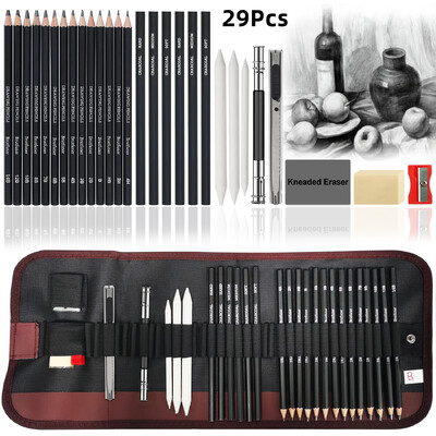 Комплект за рисуване 29/36/52 бр. Комплект моливи за скициране, преносими моливи за завеси с въглен, моливи за скици, гума, цветни моливи