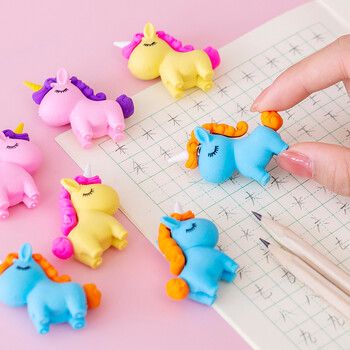 3Pcs/Lot Cute Cartoon Unicorn Eraser Kawaii 3D Pony Αποσπώμενο Μολύβι Γόμα Καουτσούκ για Δώρα Γραφικής ύλης για Παιδιά Σχολείο μαθητών