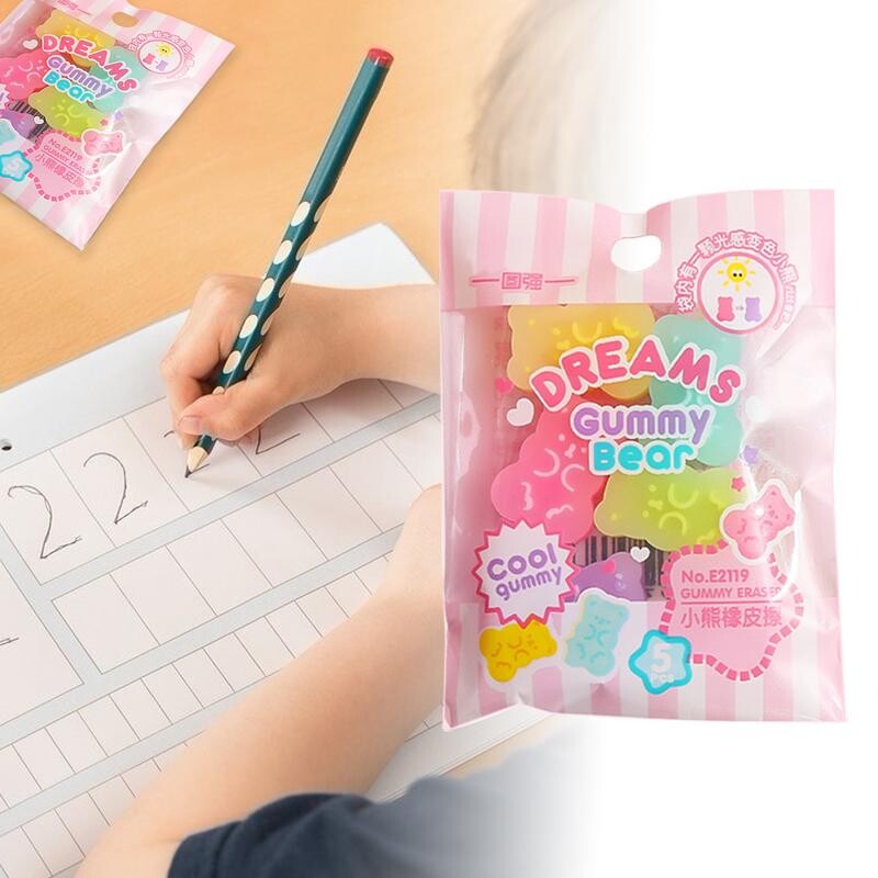 5бр. Гуми за гуми с цвят на желе Сладко мече Молив Гумени гуми за деца Инструмент за писане Корейски канцеларски материали Училищни офис консумативи