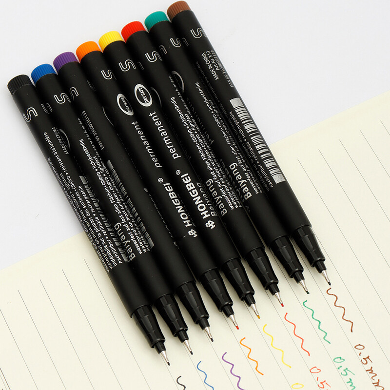 8 vnt. spalvoti nuolatiniai žymekliai, neperšlampami rašikliai, puikiai tinkantys pramonės mokyklos ir namų spalvotam dažymui linijos piešimui