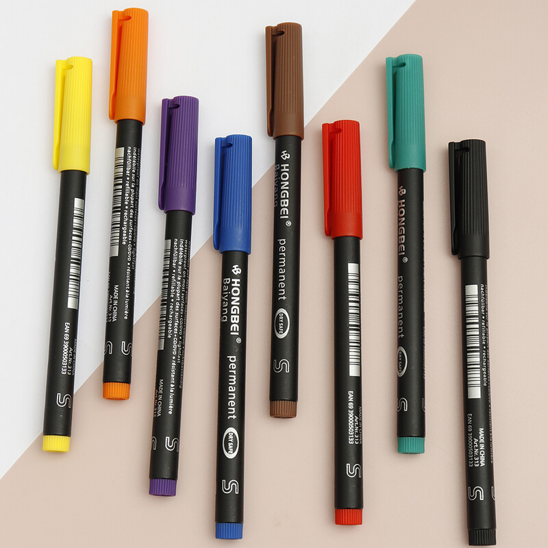 8 vnt. spalvoti nuolatiniai žymekliai, neperšlampami rašikliai, puikiai tinkantys pramonės mokyklos ir namų spalvotam dažymui linijos piešimui