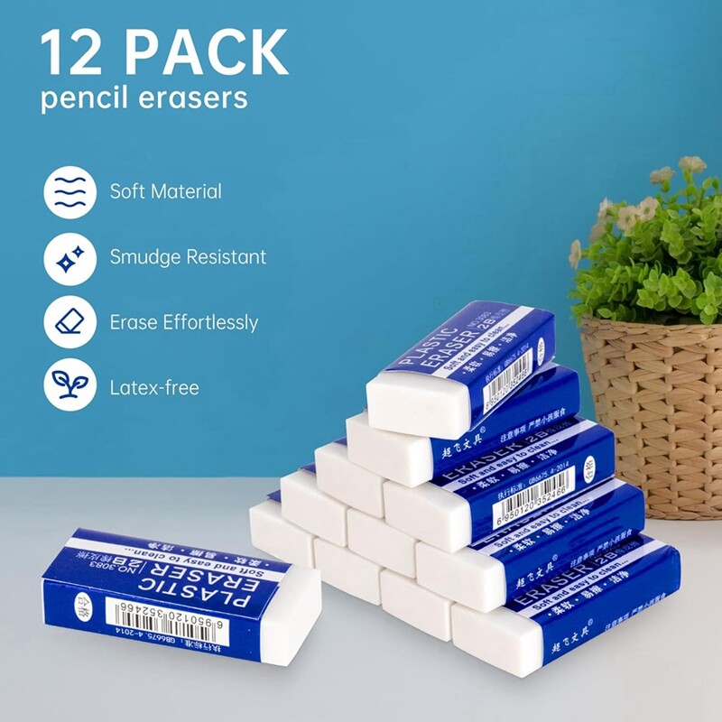 12 опаковки Комплект гуми за моливи Комплект бели гуми за училище, Художествени гуми за деца Масово рисуване