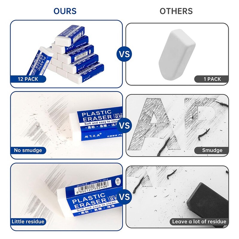 12 опаковки Комплект гуми за моливи Комплект бели гуми за училище, Художествени гуми за деца Масово рисуване