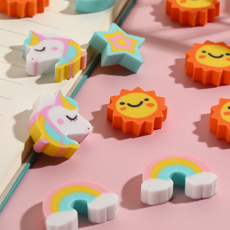 10 бр./Партида Kawaii Unicorn Rainbow Eraser Сладък анимационен облак Звезда Луна Слънце Молив Гумени гуми за деца Училищни канцеларски материали