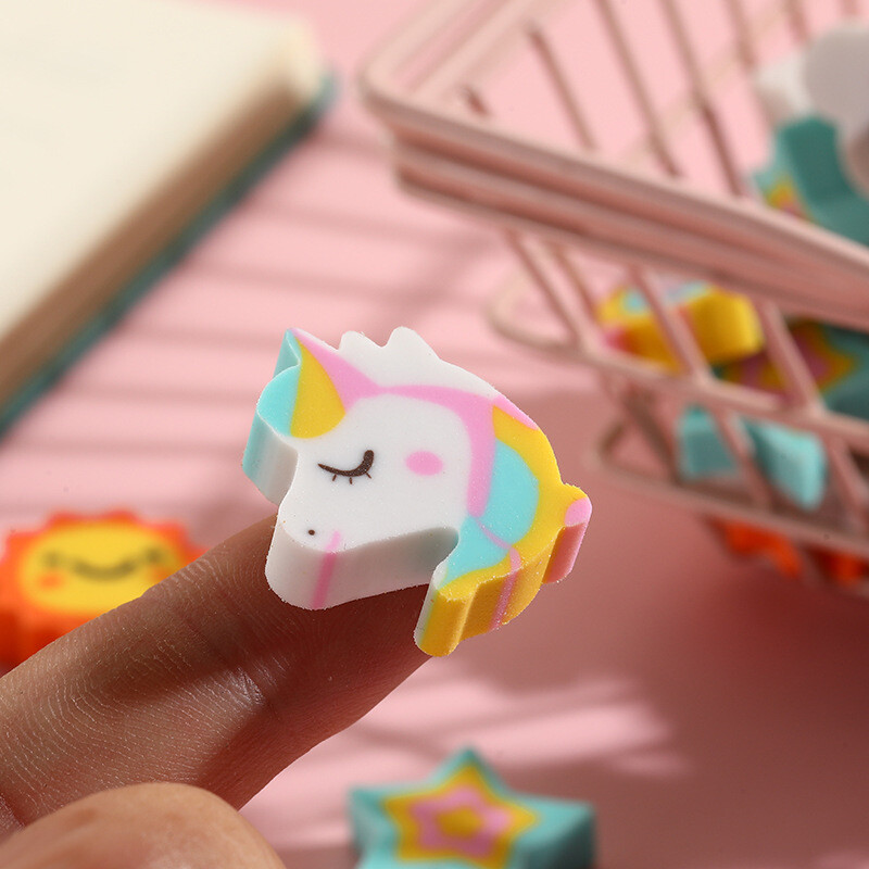 10 бр./Партида Kawaii Unicorn Rainbow Eraser Сладък анимационен облак Звезда Луна Слънце Молив Гумени гуми за деца Училищни канцеларски материали
