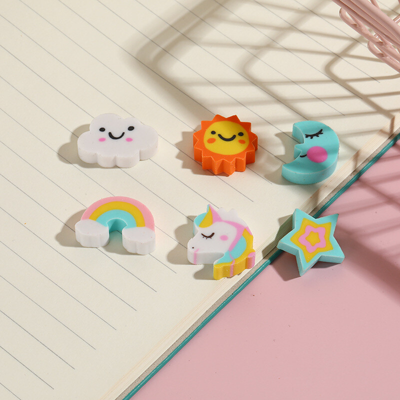 10 бр./Партида Kawaii Unicorn Rainbow Eraser Сладък анимационен облак Звезда Луна Слънце Молив Гумени гуми за деца Училищни канцеларски материали