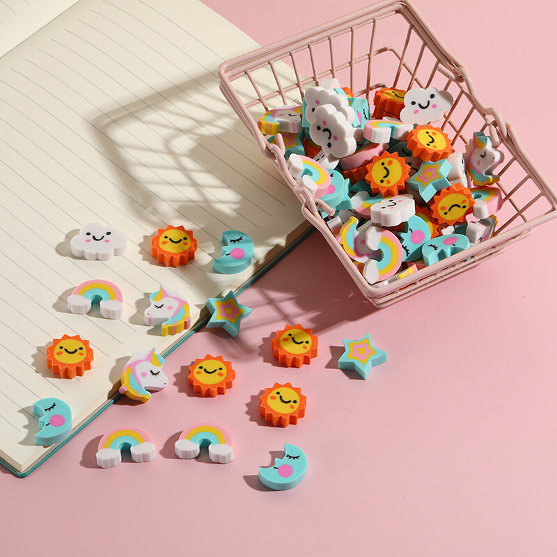 10 бр./Партида Kawaii Unicorn Rainbow Eraser Сладък анимационен облак Звезда Луна Слънце Молив Гумени гуми за деца Училищни канцеларски материали