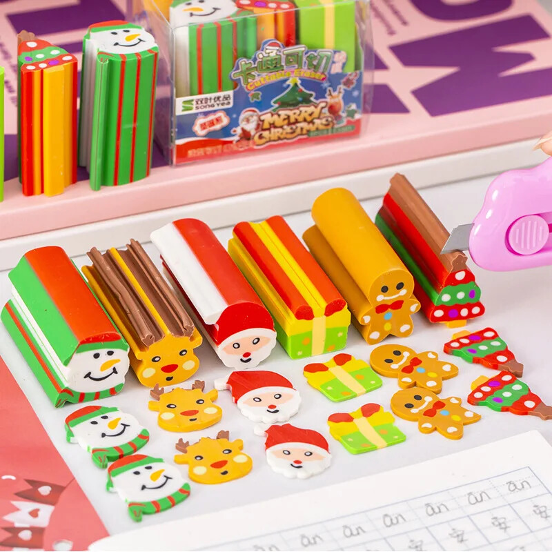6Pcs/Set Kawaii Christmas Elk Santa Gumice za rezanje za djecu Cartoon Cutting Pencil Rubber Share Set Student School Printers
