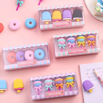 4 τεμάχια/κουτί Cute Eraser Donut Ice Cream Modeling Rubber Erasers for Pencil Cleaning Stationery School Student Girl Kids Gift Gift