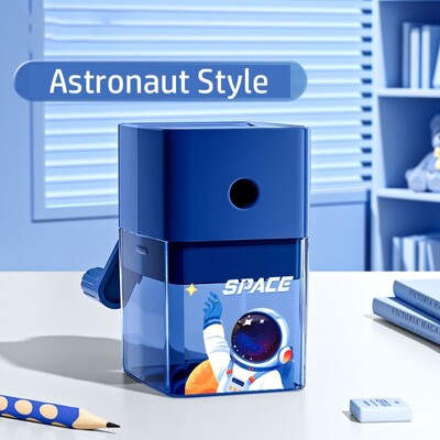 Käsivändaga armas dinosauruste/astronautide mehaaniline pliiatsiteritaja siseneb automaatselt plii multifilmi kirjatarvete kontorikooli