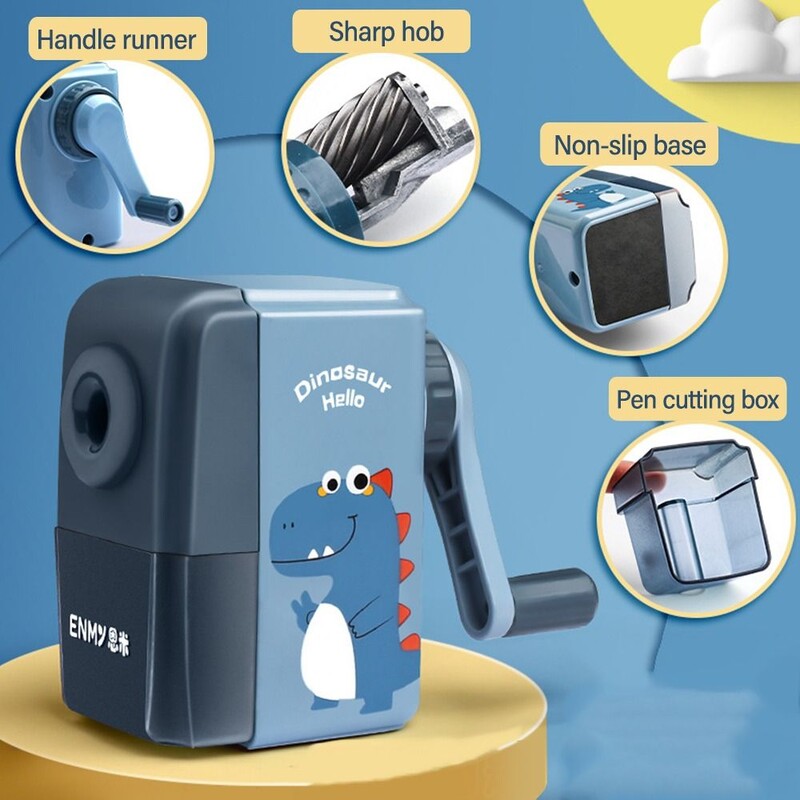 Käsivändaga armas dinosauruste/astronautide mehaaniline pliiatsiteritaja siseneb automaatselt plii multifilmi kirjatarvete kontorikooli