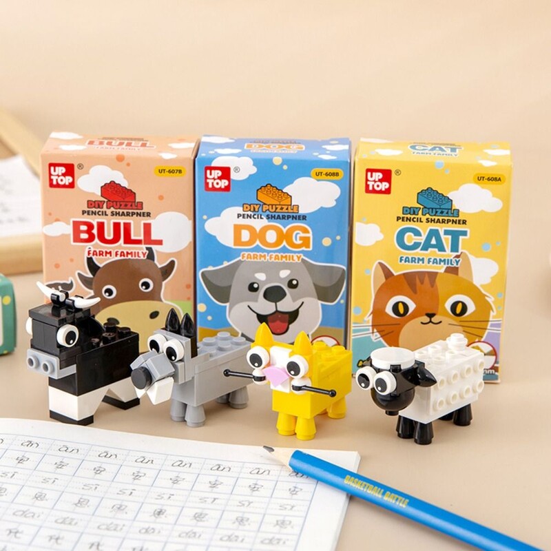 Blocuri de construcție în formă de animal DIY Ascuțitor creion Desen Puzzle Jucării Asamblare DIY Ascuțitor creion Schițe Scriere