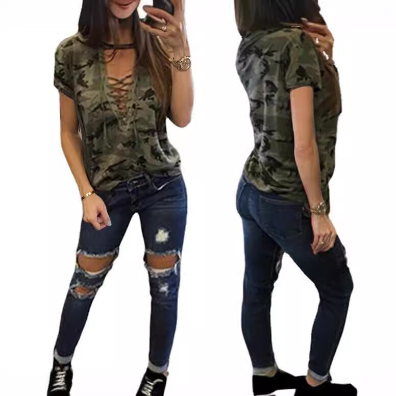 Prekogranično proljeće i ljeto europska i američka nova ženska odjeća širokih majica velikih veličina kamuflažne majice kratkih rukava i dubokih majica kratkih rukava za žene