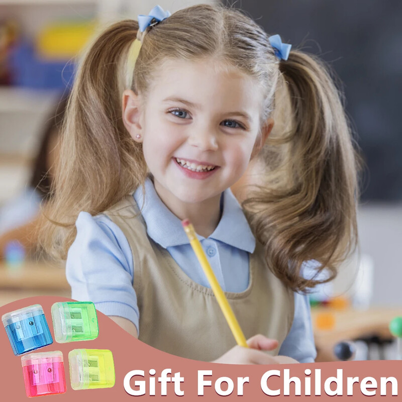 4бр. Острилка за моливи Студентски канцеларски материали с контейнер Цветна пластмасова прозрачна острилка за моливи с двоен отвор за деца