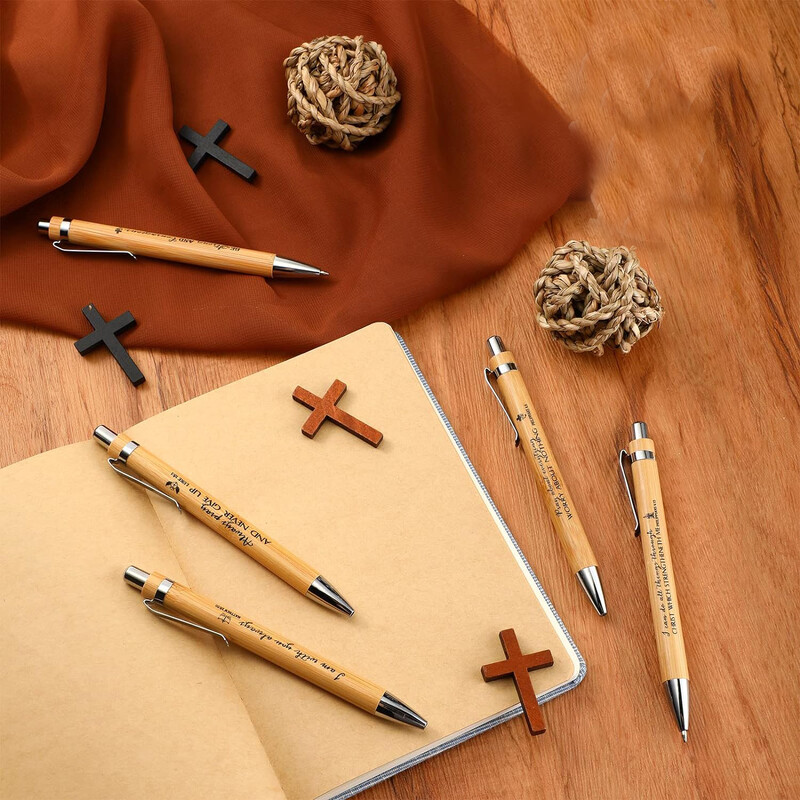10 vnt. Biblijos eilėraščių bambuko ištraukiami tušinukai krikščioniški rašikliai Įkvepiantys Biblijos eilėraščių tušinukai su rašalu Dovanos Chur