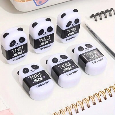 3 бр. Мултифункционална сладка гума с гумичка за моливи с карикатура Панда Острилка за моливи 2-в-1