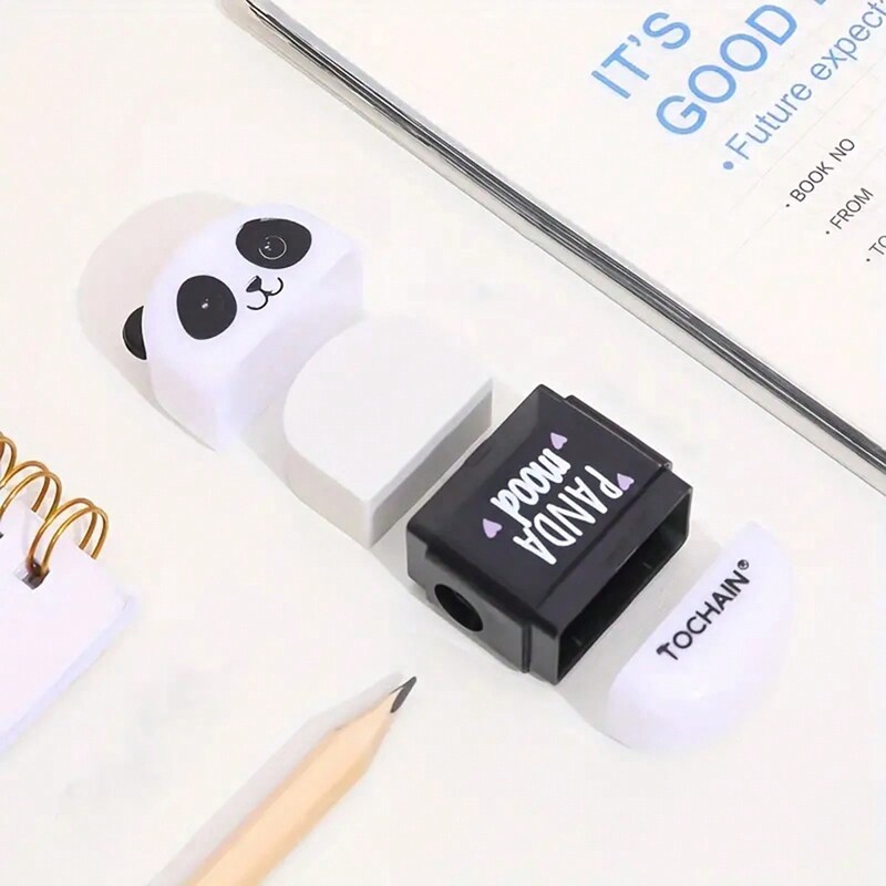 3 бр. Мултифункционална сладка гума с гумичка за моливи с карикатура Панда Острилка за моливи 2-в-1