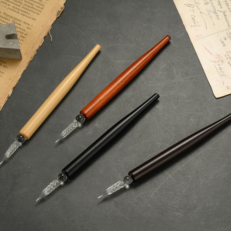 Angliškas rašiklis Copperplate Script įstrižas panardinamasis rašiklio laikiklis su stiklo antgaliais