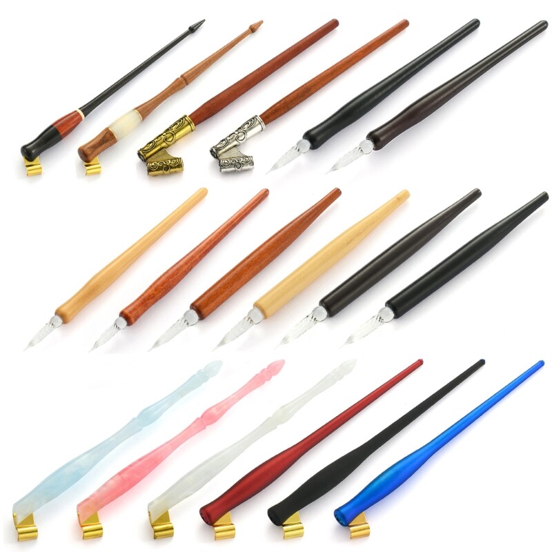 Medinis kaligrafinis panardinamasis rašiklis Anglų kaligrafijos rašiklis Vario plokštės raštas įstrižas panardinamasis rašiklio laikiklis su stiklo antgaliais