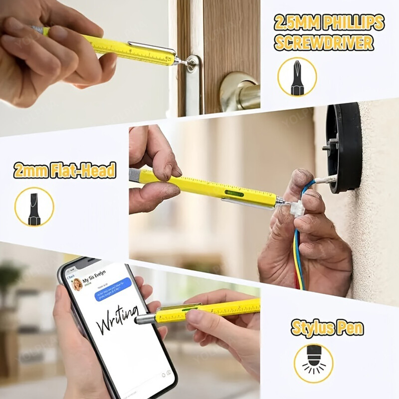 Stilo metalic multifuncțional 7 în 1, cu riglă de nivel, Gadget-uri, inginer, dulgher, instrument de buzunar, cu riglă, șurubelniță
