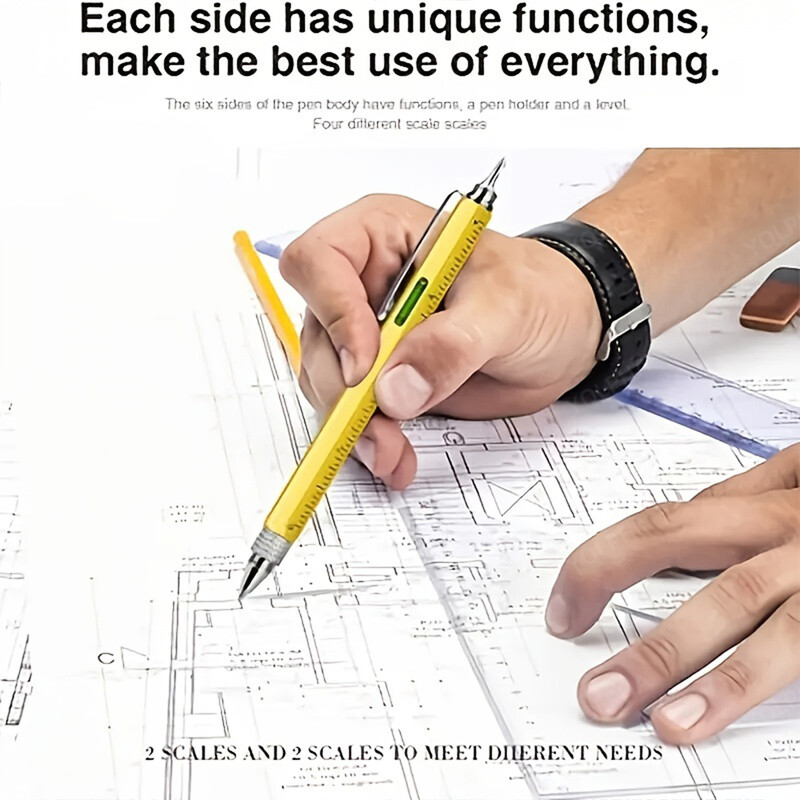 Stilo metalic multifuncțional 7 în 1, cu riglă de nivel, Gadget-uri, inginer, dulgher, instrument de buzunar, cu riglă, șurubelniță