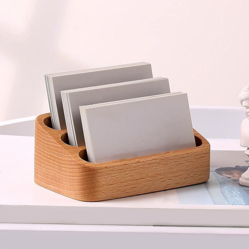 Suport de afișare pentru cărți de vizită de birou din lemn masiv Suport pentru note Cutie de depozitare Organizator de carduri din lemn de fag pentru birou