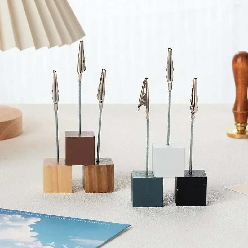 Метални квадратни щипки за бележки Дървен държач за визитни картички Стойка за дисплей със снимки Поставка за съобщения Поставка за бележки Органайзер за бюро за домашен офис
