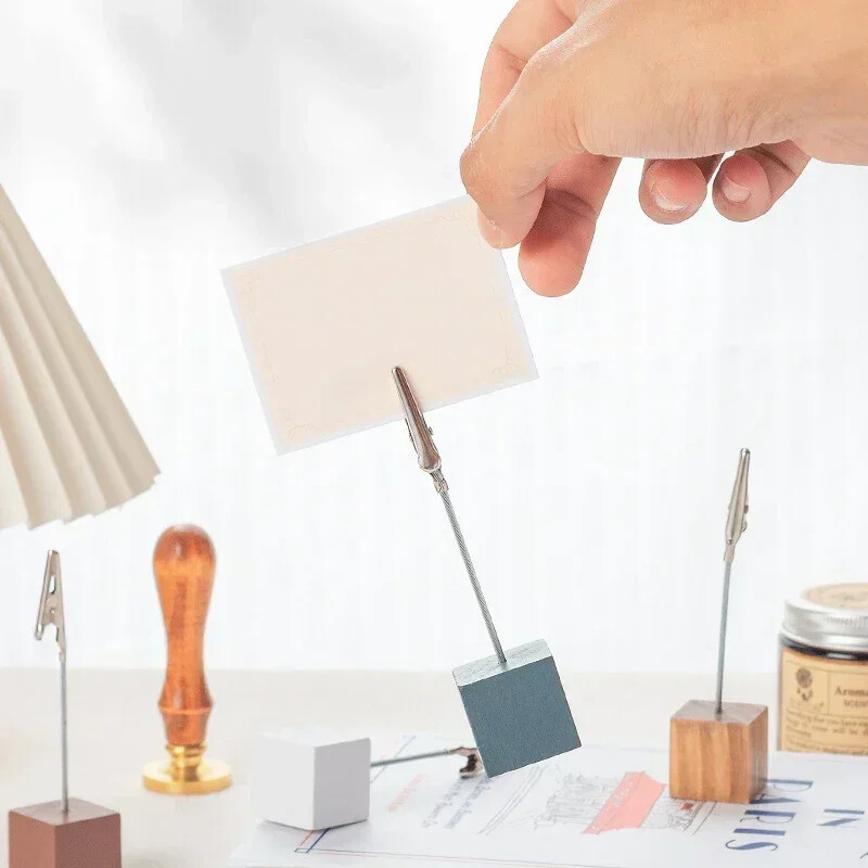 Метални квадратни щипки за бележки Дървен държач за визитни картички Стойка за дисплей със снимки Поставка за съобщения Поставка за бележки Органайзер за бюро за домашен офис