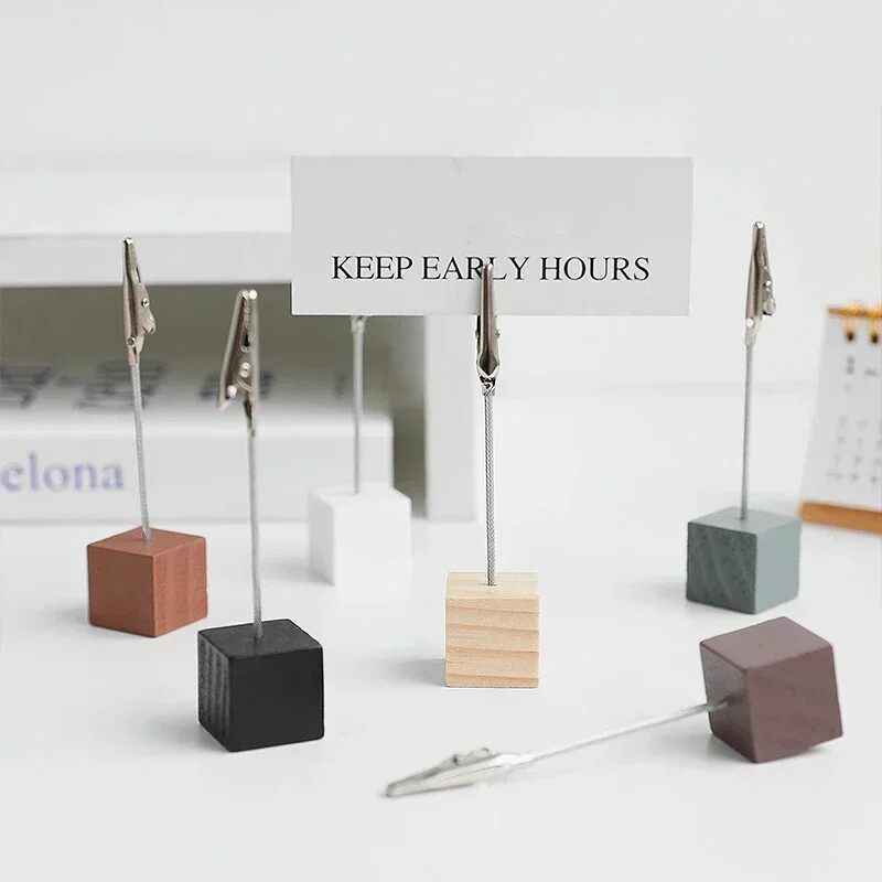 Метални квадратни щипки за бележки Дървен държач за визитни картички Стойка за дисплей със снимки Поставка за съобщения Поставка за бележки Органайзер за бюро за домашен офис