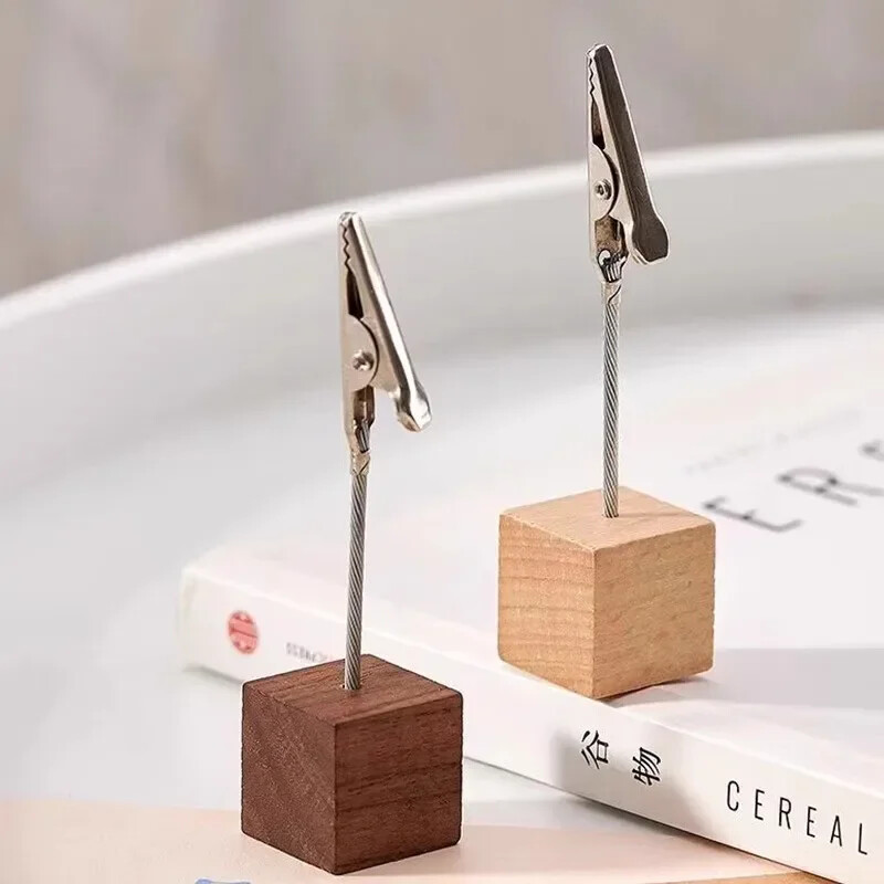 Метални квадратни щипки за бележки Дървен държач за визитни картички Стойка за дисплей със снимки Поставка за съобщения Поставка за бележки Органайзер за бюро за домашен офис