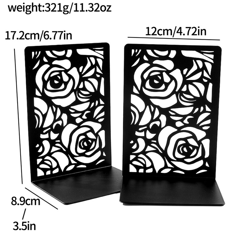 2 бр. Роза за книги за любителите на книги, издълбани рози за тежки книги, книгоразделители за домашен офис, метални L-образни книгоразделители Мъже Жени