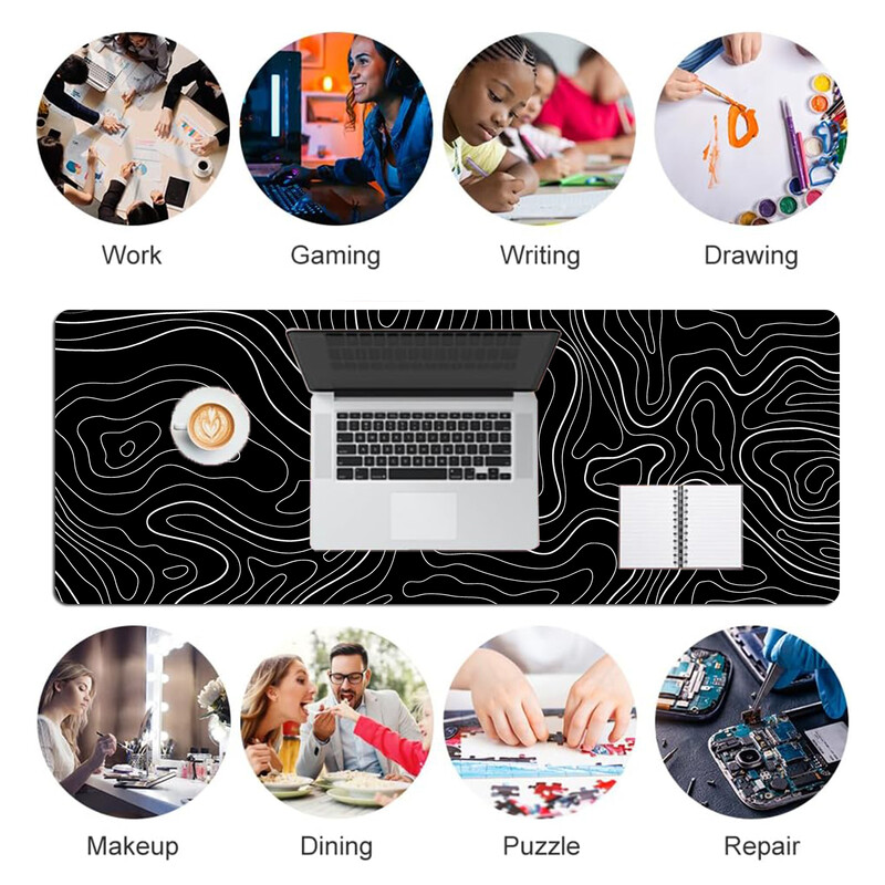 1 buc. mouse pad Gaming Pad pentru tastatură mare 31,5 x 11,8 inci Mouse Pad topografic alb-negru Mouse Pad pentru tastatură cu Anti-Sl