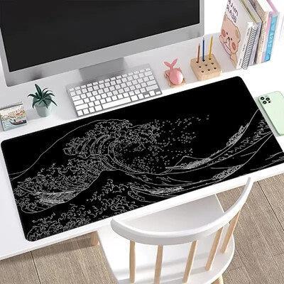 1db Black Sea Wave nagy egérpad 800*300mm kiterjesztett játék egérpad asztali asztali varrott csúszásmentes gumialapú billentyűzettel