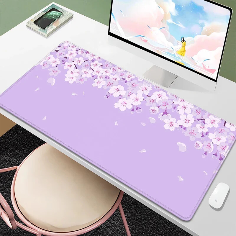 Purple Blossom Deskmat Drăguț Pastel Violet Liliac Lavandă Cireș Sakura Flori Covoraș de birou japonez Drăguț Kawaii Mousepad 900x400