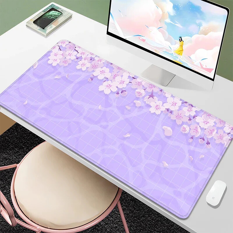 Purple Blossom Deskmat Drăguț Pastel Violet Liliac Lavandă Cireș Sakura Flori Covoraș de birou japonez Drăguț Kawaii Mousepad 900x400