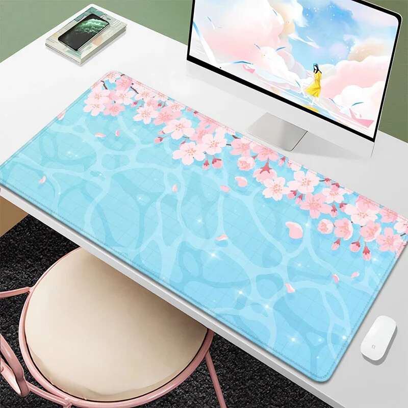 Purple Blossom Deskmat Drăguț Pastel Violet Liliac Lavandă Cireș Sakura Flori Covoraș de birou japonez Drăguț Kawaii Mousepad 900x400