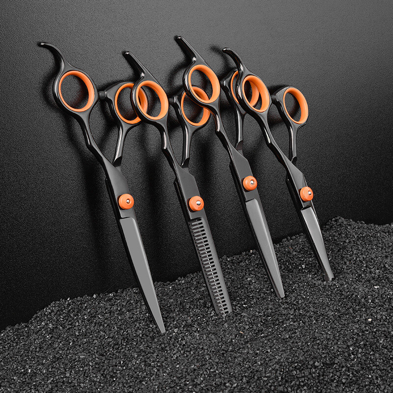 Mustad ja oranžid lemmikloomakäärid Ilukääride komplekt Juuksuri tööriist kassidele ja koertele üles-alla kumerad käärid lamedate hammastega käärid