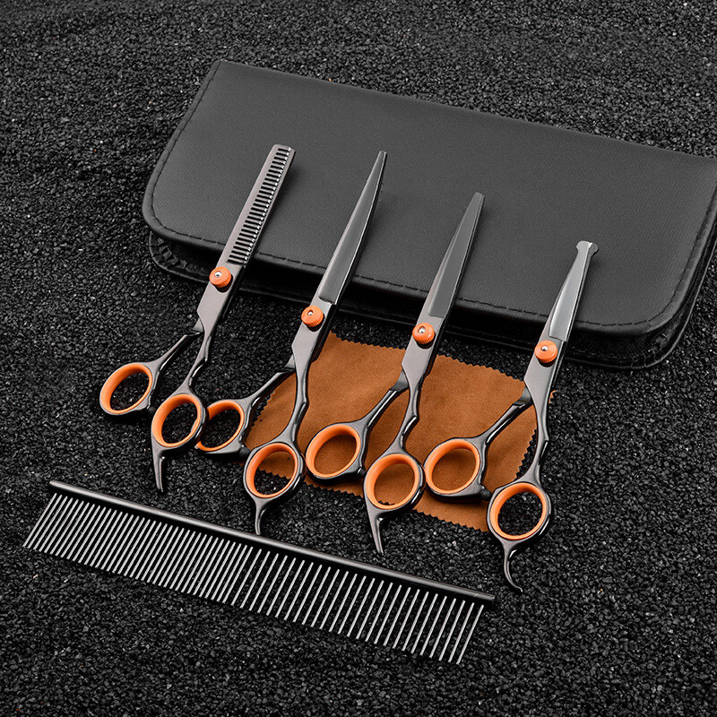 Mustad ja oranžid lemmikloomakäärid Ilukääride komplekt Juuksuri tööriist kassidele ja koertele üles-alla kumerad käärid lamedate hammastega käärid