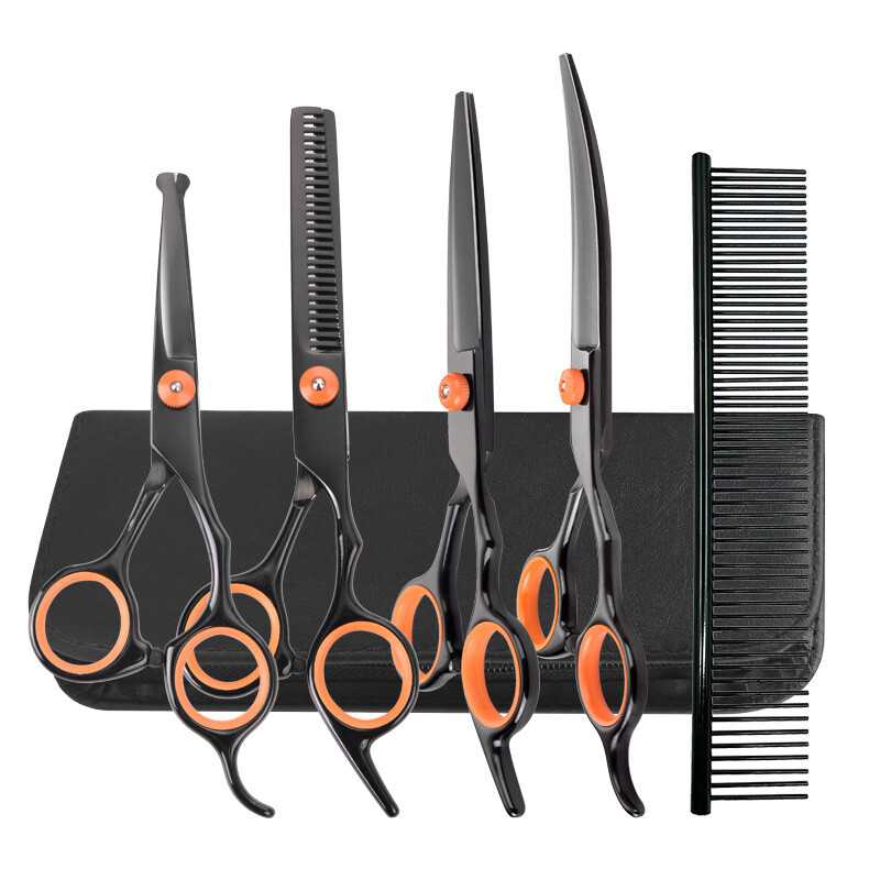 Mustad ja oranžid lemmikloomakäärid Ilukääride komplekt Juuksuri tööriist kassidele ja koertele üles-alla kumerad käärid lamedate hammastega käärid