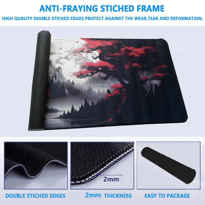 Ink Style Landscape Mountains Extended Gaming Mouse Pad - Velika neklizajuća gumena podloga za miša sa prošivenim rubovima i može se prati